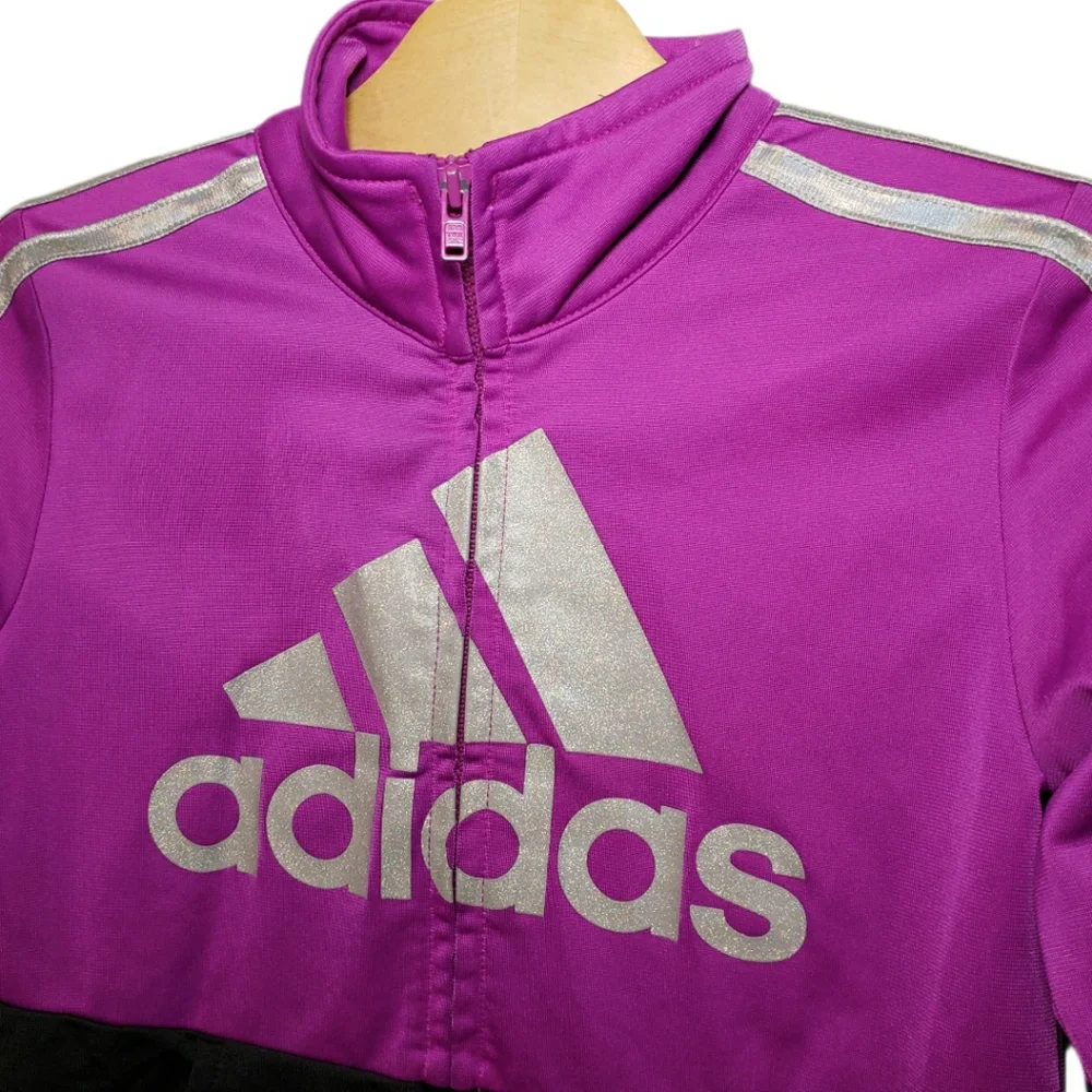 Adidas Size 5 Girls Purple and Black Silver Glitter Logo Track Jacket